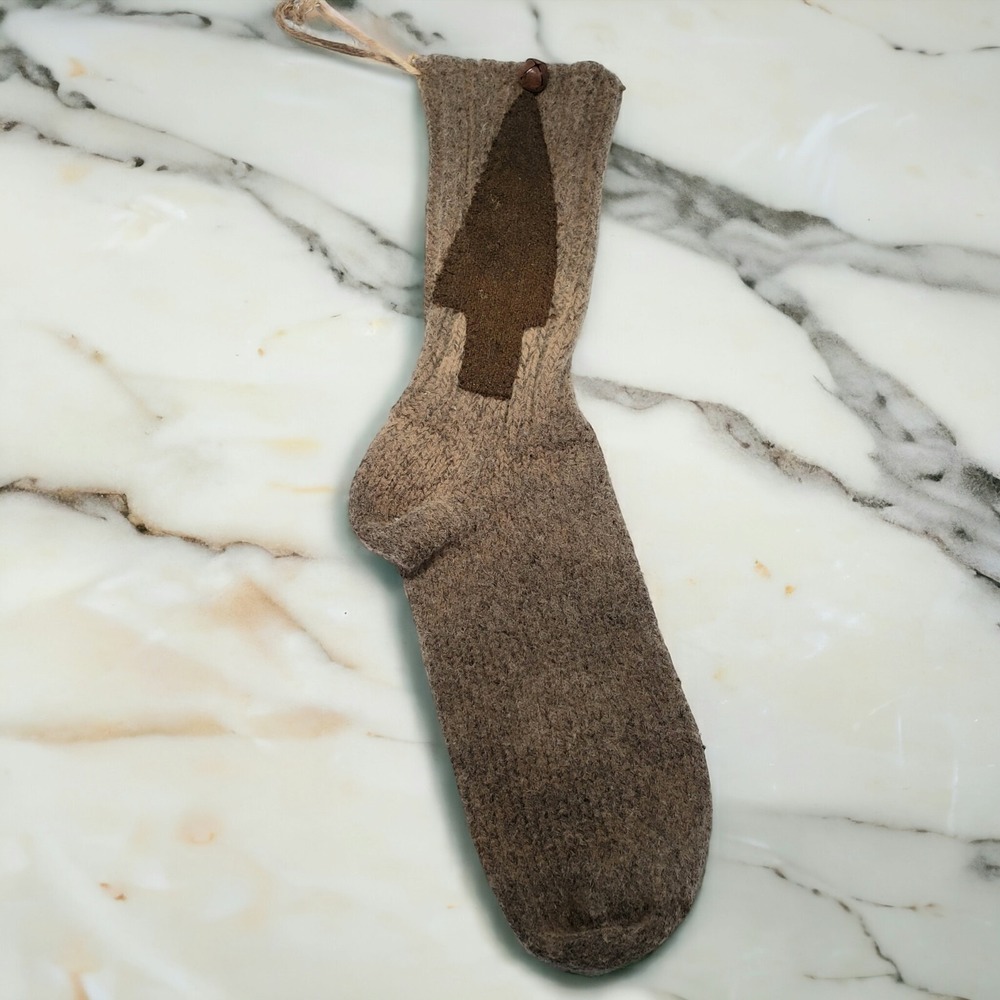 Primitive Wool Christmas Stocking with Hand Stitched Christmas Tree & Rusty Bell